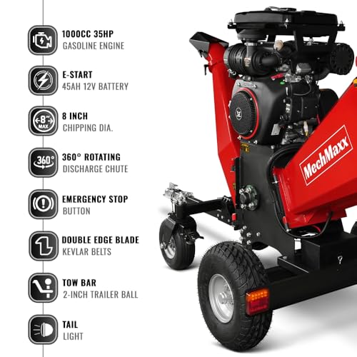 MechMaxx 8'' Inch ZONSEN 1000cc 35hp E-Start Gas Powered Engine 4-Wheels Wood Chipper Shredder Mulcher with Towbar/Tail Light/Emergency Stop Switch, Model B200 Red