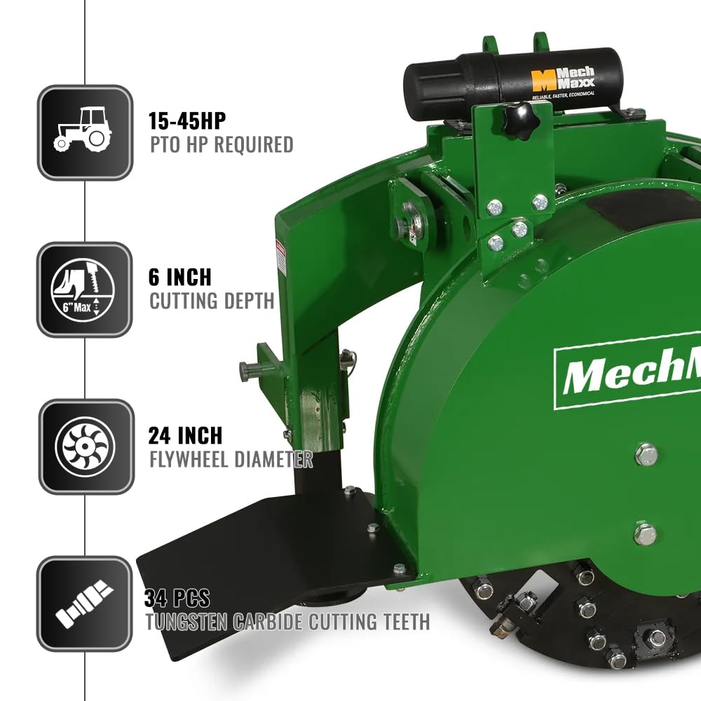 MechMaxx Heavy Duty 3-Point PTO Powered Stump Root Grinder For 15-45HP Tractors With 34 Carbide Teeth, 6'' Cutting Depth, 24'' Flywheel Diameter, Model SG24 Green (Green)