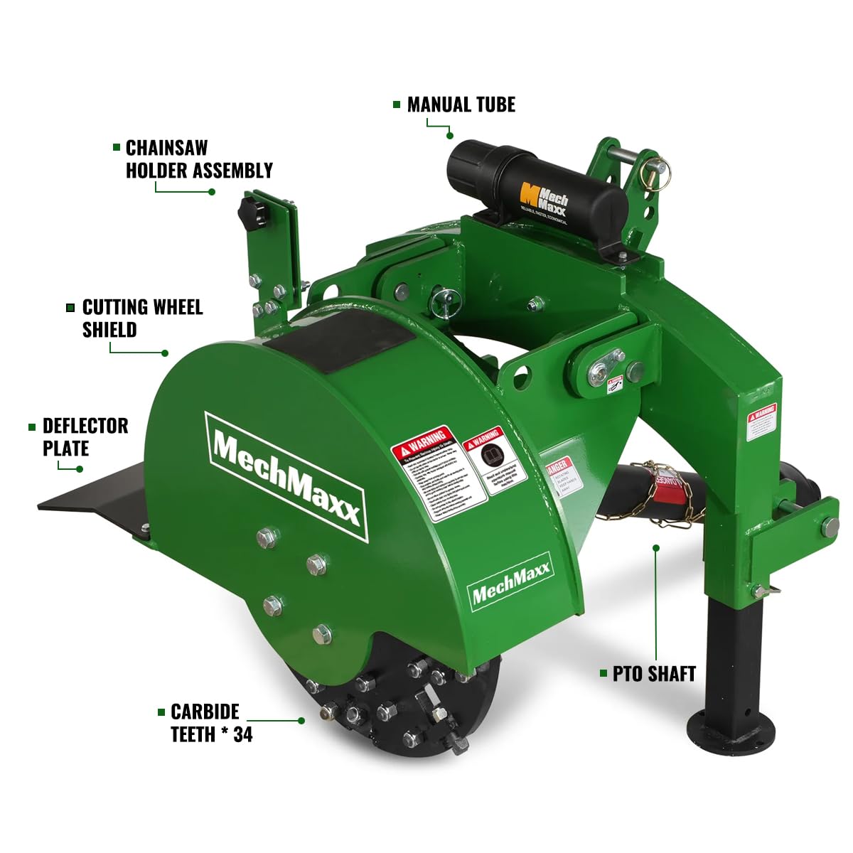 MechMaxx Heavy Duty 3-Point PTO Powered Stump Root Grinder For 15-45HP Tractors With 34 Carbide Teeth, 6'' Cutting Depth, 24'' Flywheel Diameter, Model SG24 Green (Green)