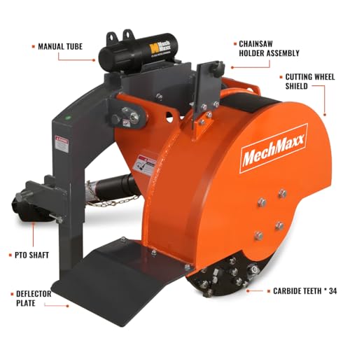 MechMaxx Heavy Duty 3-Point PTO Powered Stump Root Grinder For 15-45HP Tractors With 34 Carbide Teeth, 6'' Cutting Depth, 24'' Flywheel Diameter, Model SG24 Green (Orange)