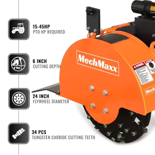 MechMaxx Heavy Duty 3-Point PTO Powered Stump Root Grinder For 15-45HP Tractors With 34 Carbide Teeth, 6'' Cutting Depth, 24'' Flywheel Diameter, Model SG24 Green (Orange)