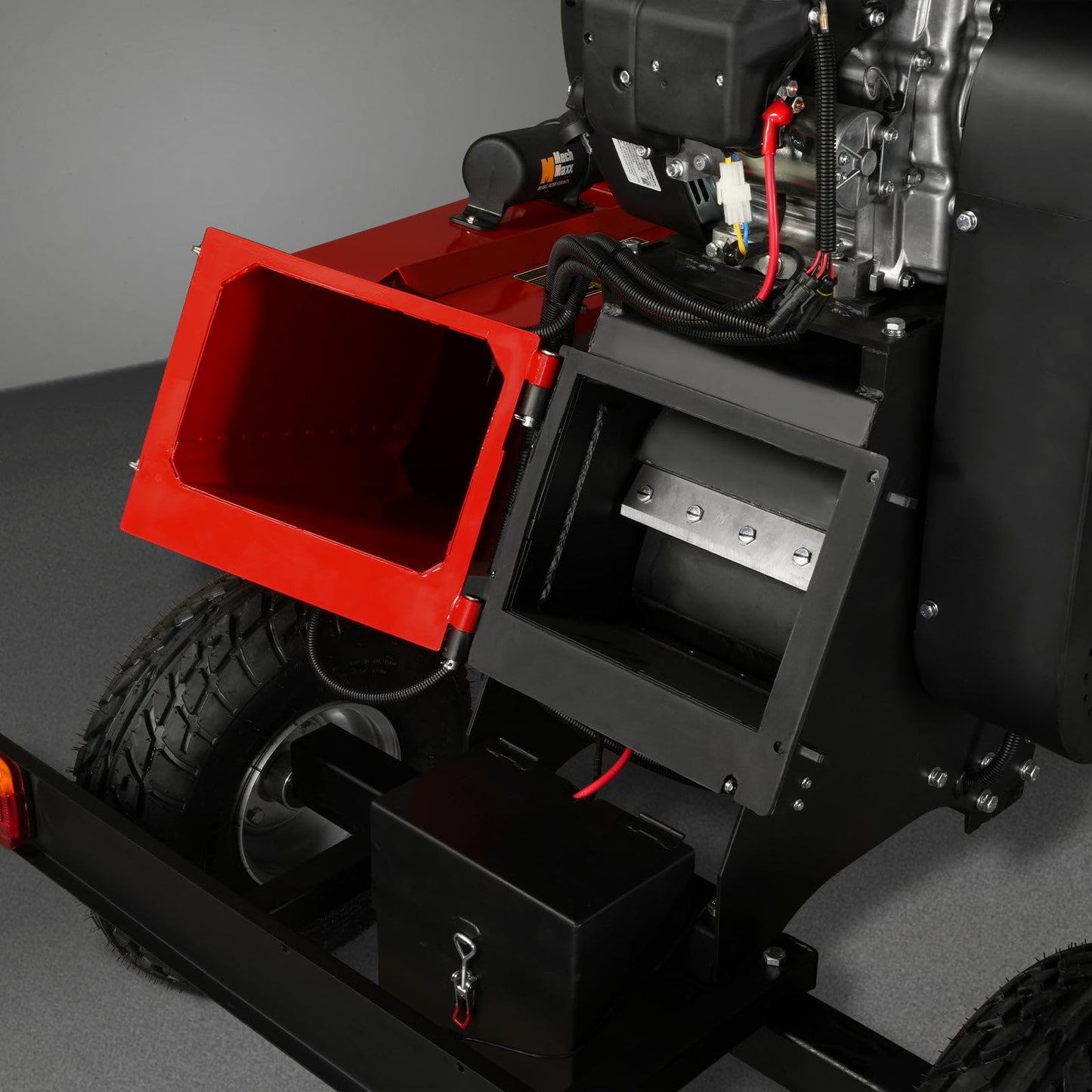 MechMaxx 8'' Inch ZONSEN 1000cc 35hp E-Start Gas Powered Engine 4-Wheels Wood Chipper Shredder Mulcher with Towbar/Tail Light/Emergency Stop Switch, Model B200 Red